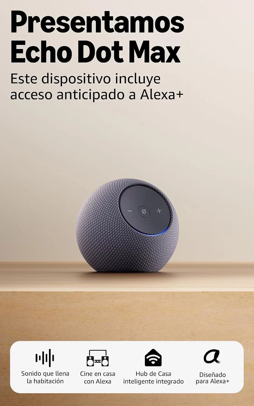 Amazon Echo Dot Max (modelo más reciente): bocina Alexa con sonido expansivo y graves casi 3 veces más potentes, ideal para salas y espacios medianos, grafito, con el Acceso Anticipado de Alexa+