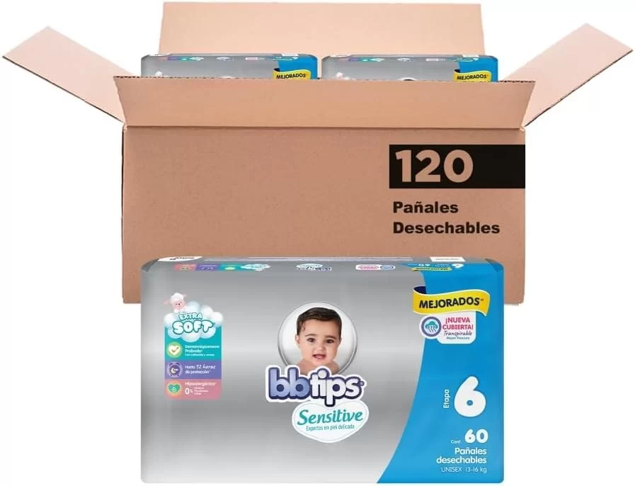 Bbtips Pañal Bebé Sensitive Talla 6 Xl-Grande 120 Piezas, 120 Count
