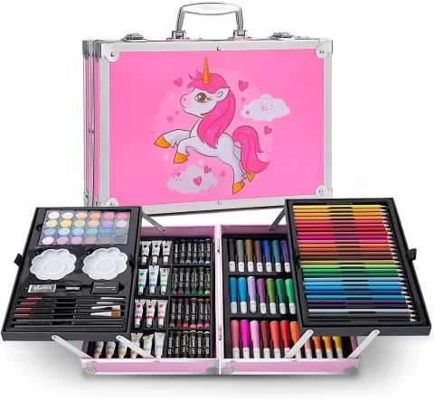 Raganet, Set de Arte Profesional con 145 Piezas, Juego de Dibujo con Plumones, Colores, Pinturas, Aquarelas y Crayolas, Kit de Pintura con Estuche Organizador Portatil en Forma de Maletin Rosa