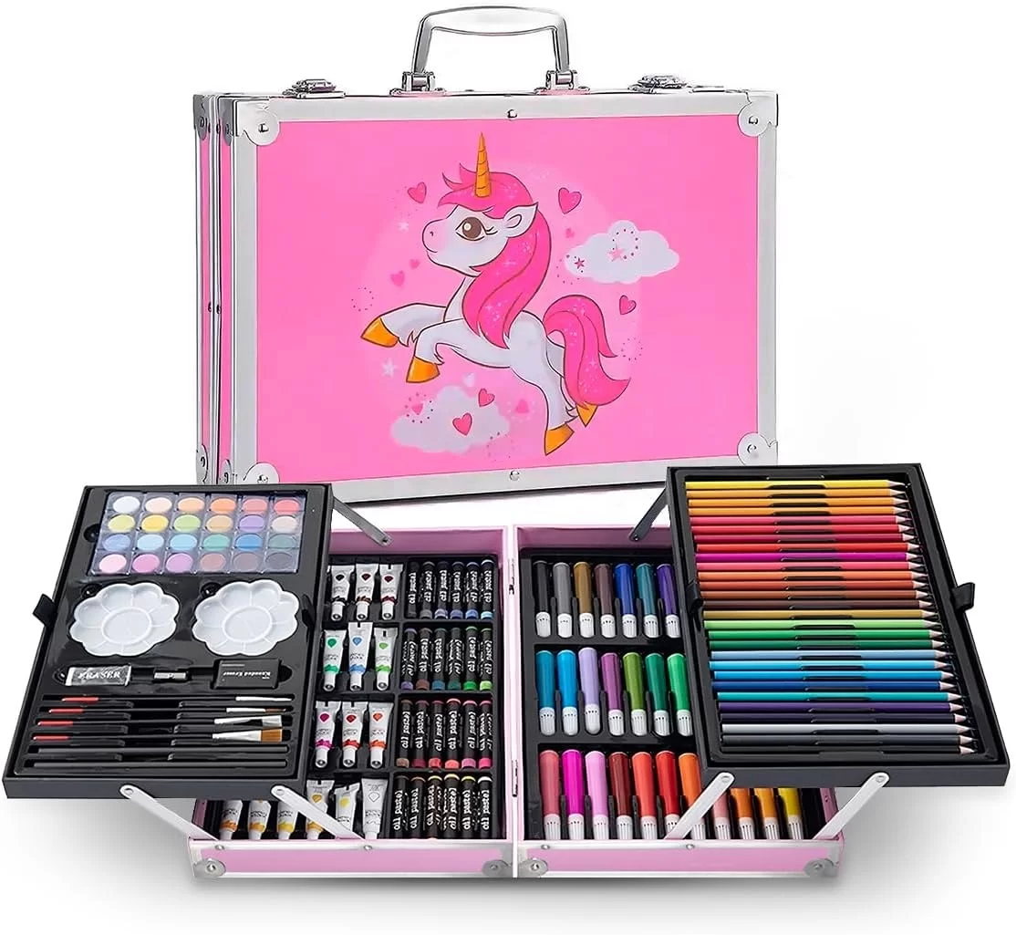 Raganet, Set de Arte Profesional con 145 Piezas, Juego de Dibujo con Plumones, Colores, Pinturas, Aquarelas y Crayolas, Kit de Pintura con Estuche Organizador Portatil en Forma de Maletin Rosa